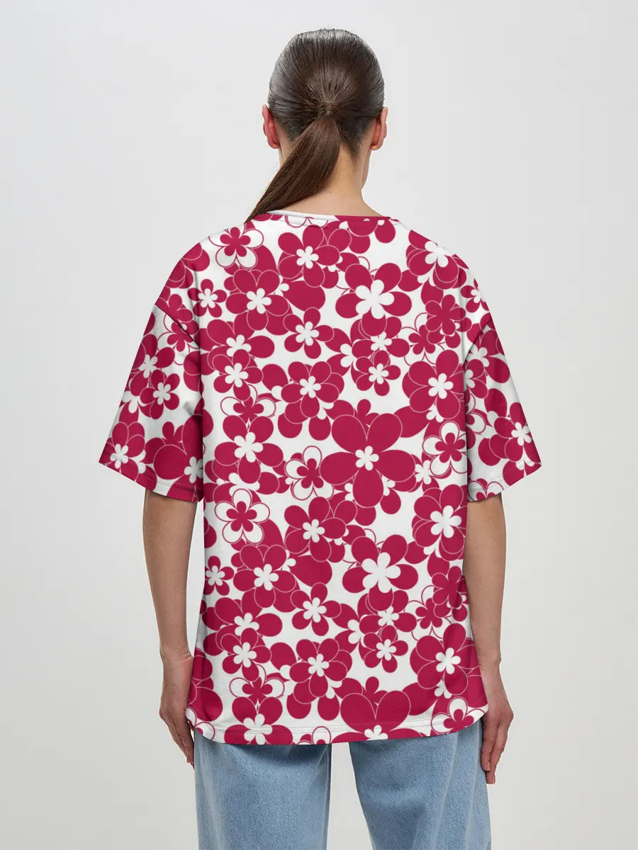 Женская футболка оверсайз / Бело-красный цветочный