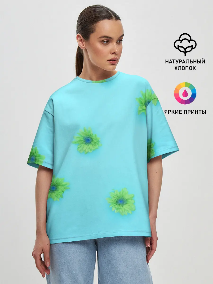 Женская футболка оверсайз / Зеленые Цветочки