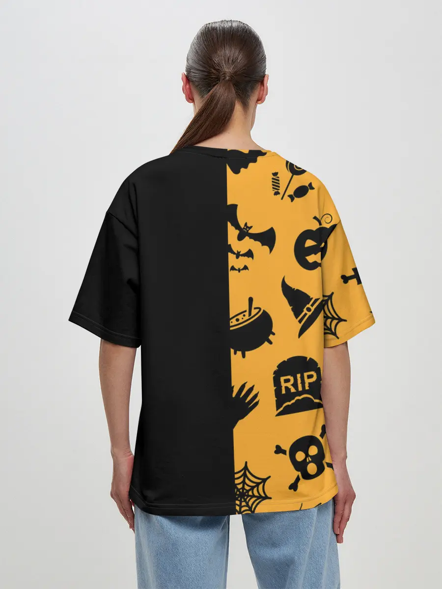 Женская футболка оверсайз / ЧЕРНО-ОРАНЖЕВЫЙ ХЭЛЛОУИН