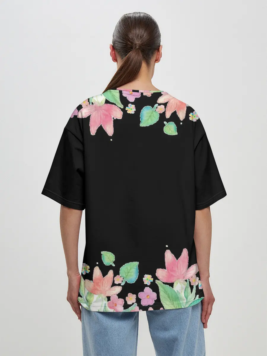 Женская футболка оверсайз / Рамка из розовых и зеленых листьев