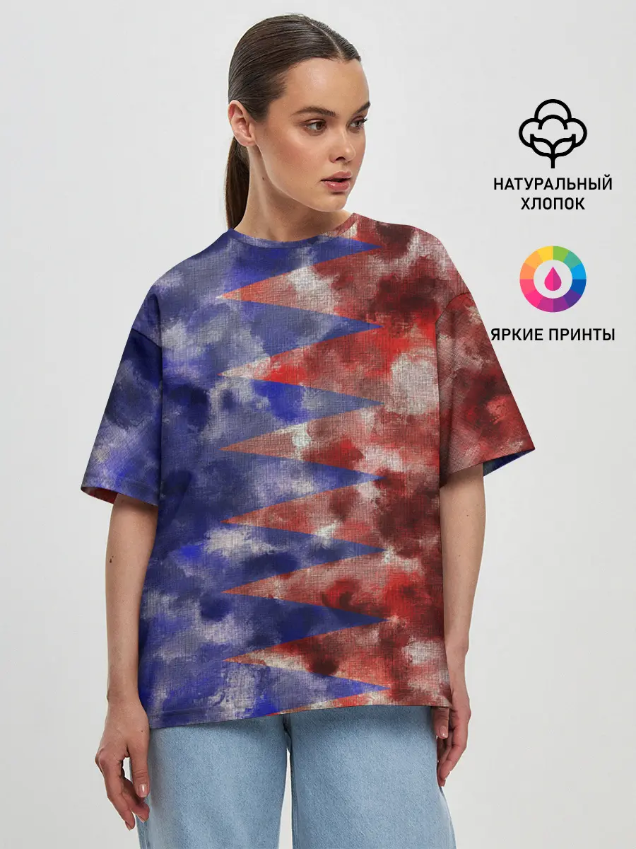 Женская футболка оверсайз / Сине-Красные Разводы