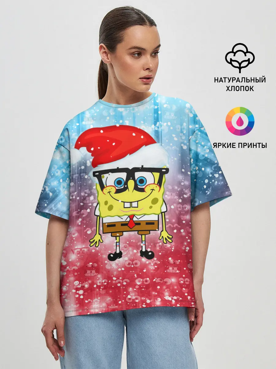 Женская футболка оверсайз / Новогодний Спанч Боб