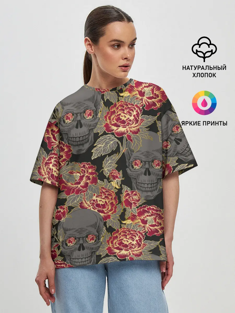 Женская футболка оверсайз / Черепа и розы