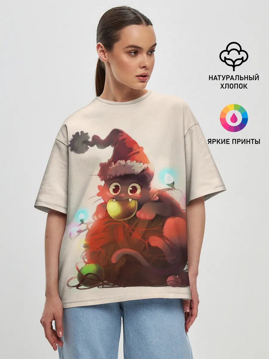 Женская футболка оверсайз / Новогодний кот