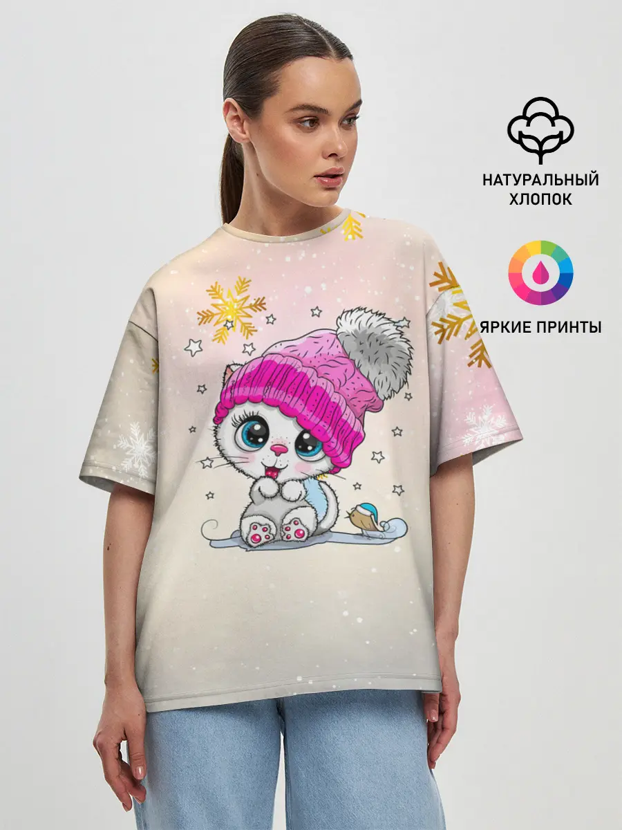 Женская футболка оверсайз / Новогодний кот