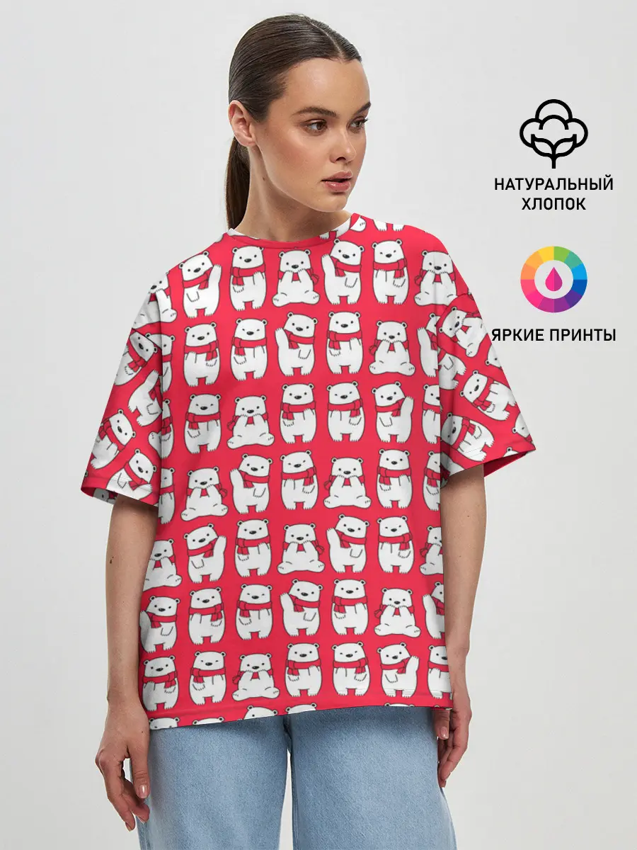 Женская футболка оверсайз / Мишки в шарфиках