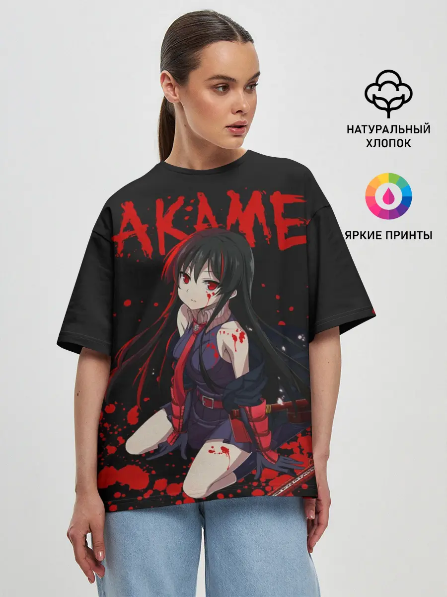 Женская футболка оверсайз / Убийца Акаме на черно-красно фоне