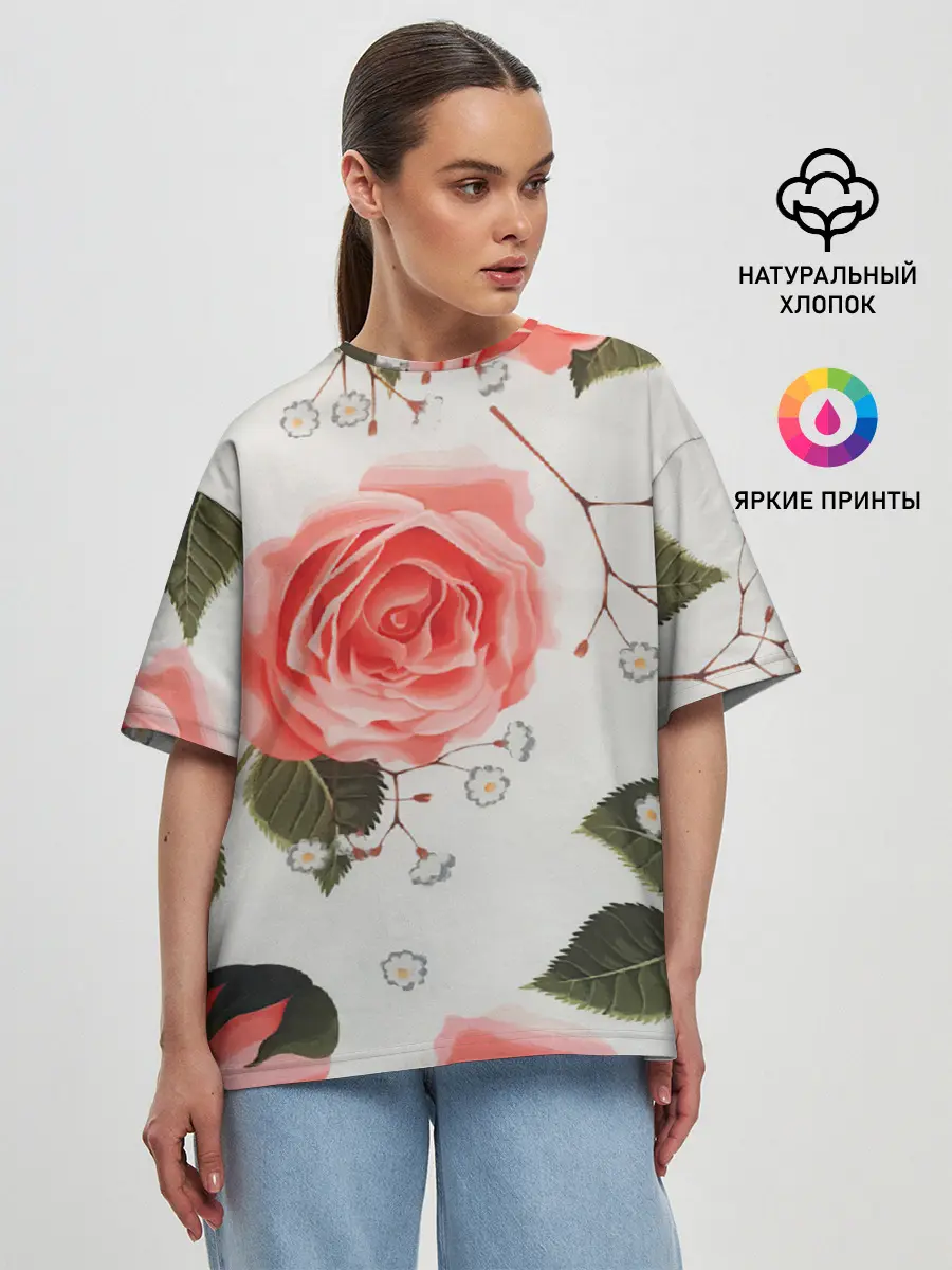 Женская футболка оверсайз / Нежные розы