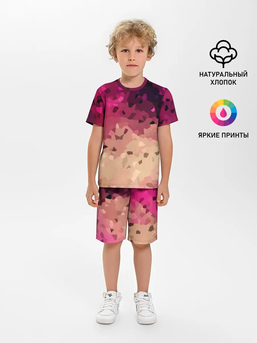Детская пижама с шортами / Бежево-малиновый абстрактный
