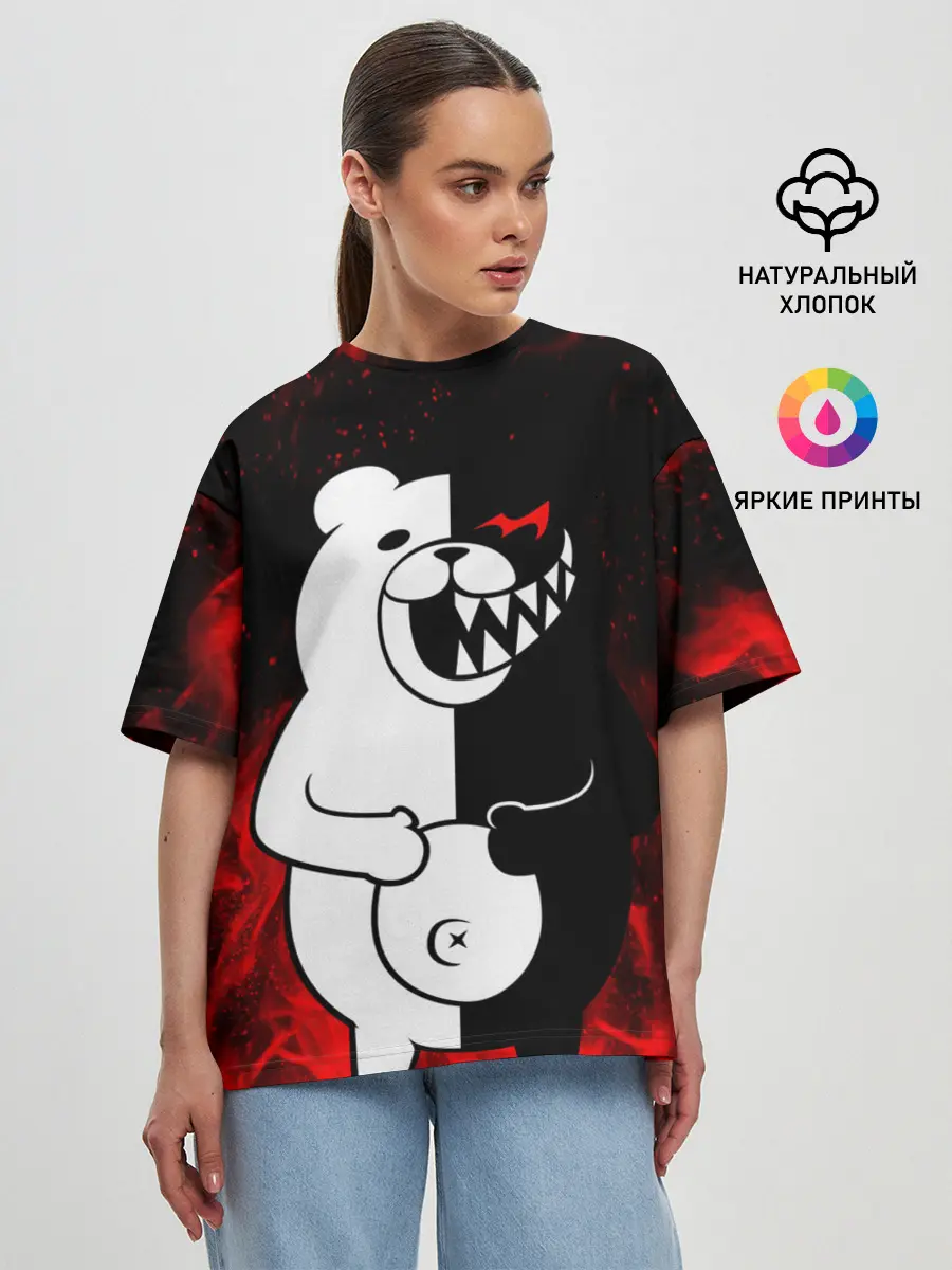 Женская футболка оверсайз / MONOKUMA В ПЛАМЕНИ / МОНОКУМА