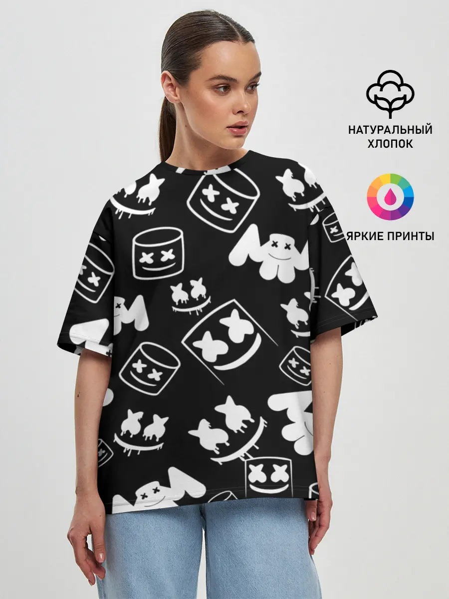 Женская футболка оверсайз / Marshmello ЧБ