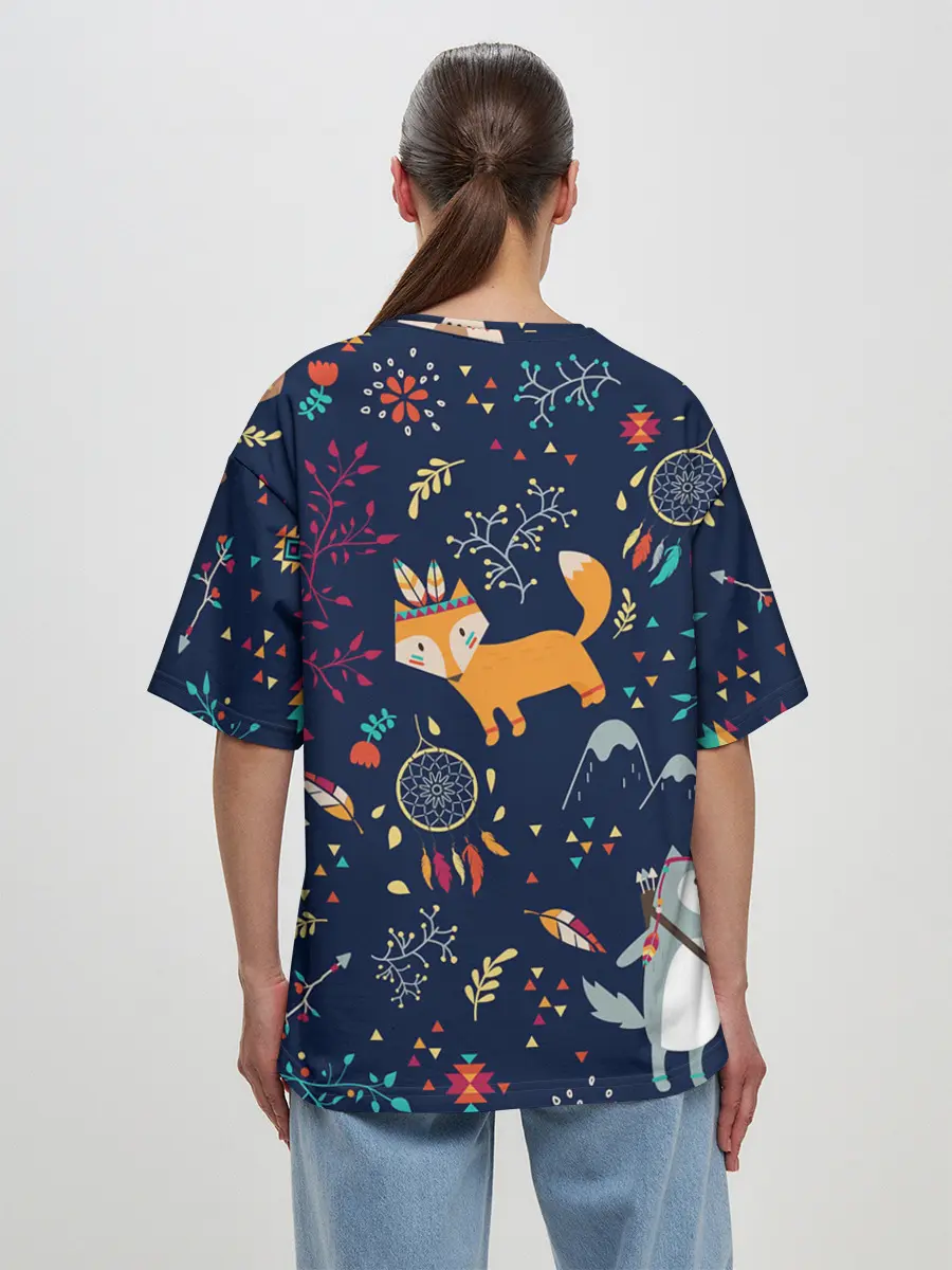 Женская футболка оверсайз / Звери природа индейцы этно