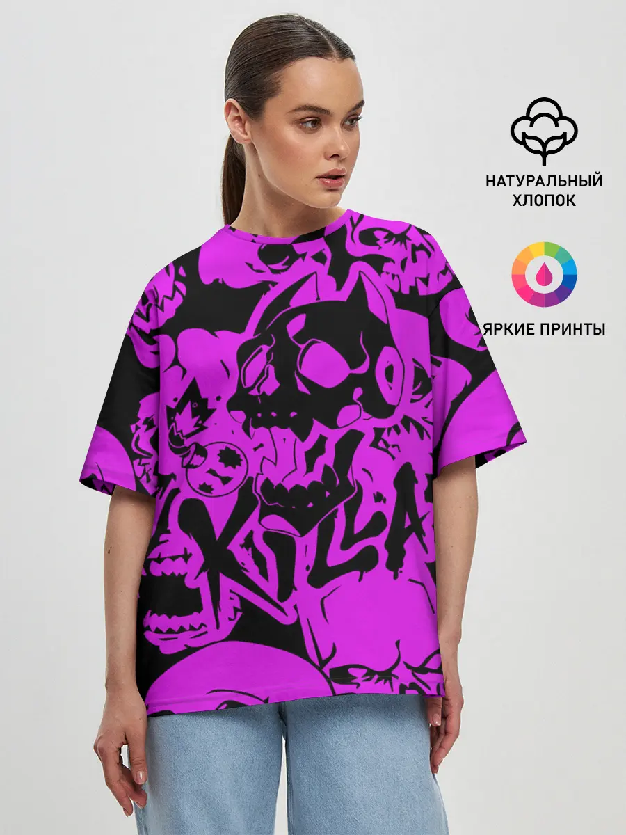 Женская футболка оверсайз / KILLA фиолетовые черепа
