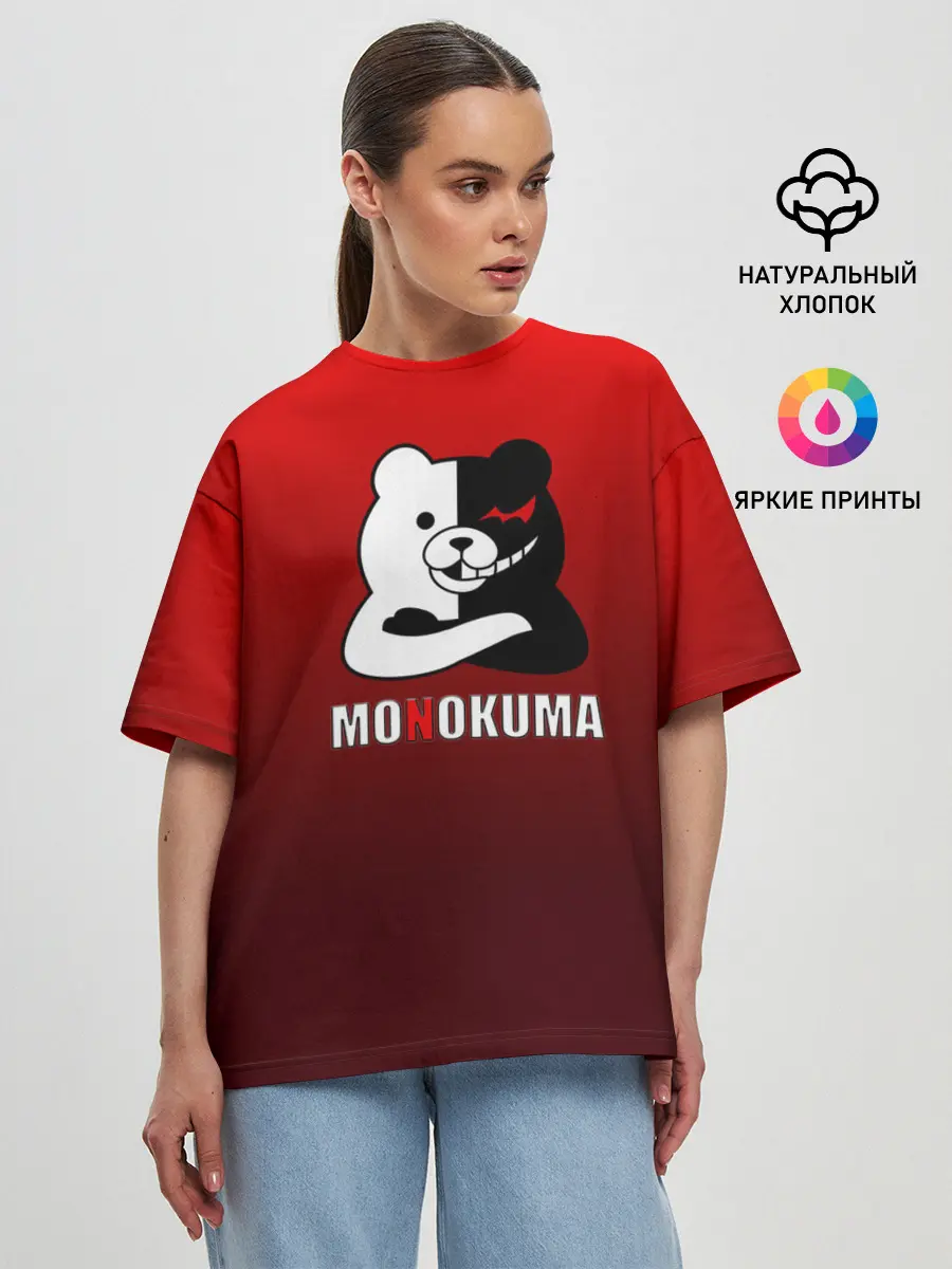 Женская футболка оверсайз / monokuma на красном градиенте