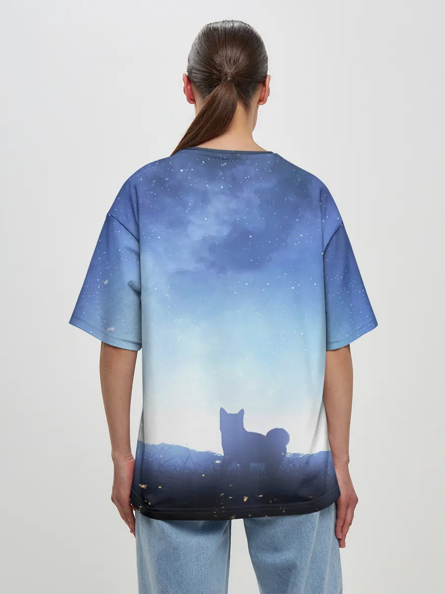 Женская футболка оверсайз / силуэт корги ночь космос дымка