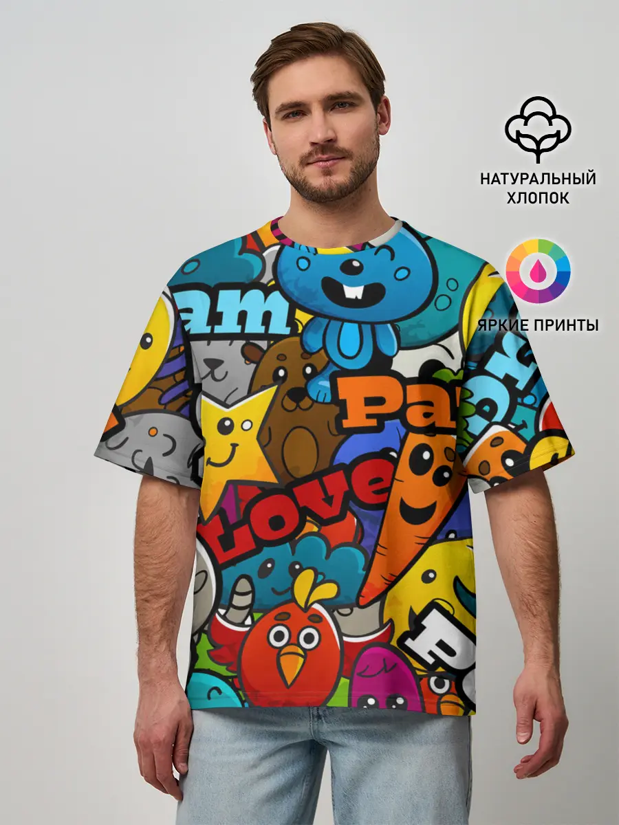 Мужская футболка оверсайз / LOVE | PEACE | PARTY