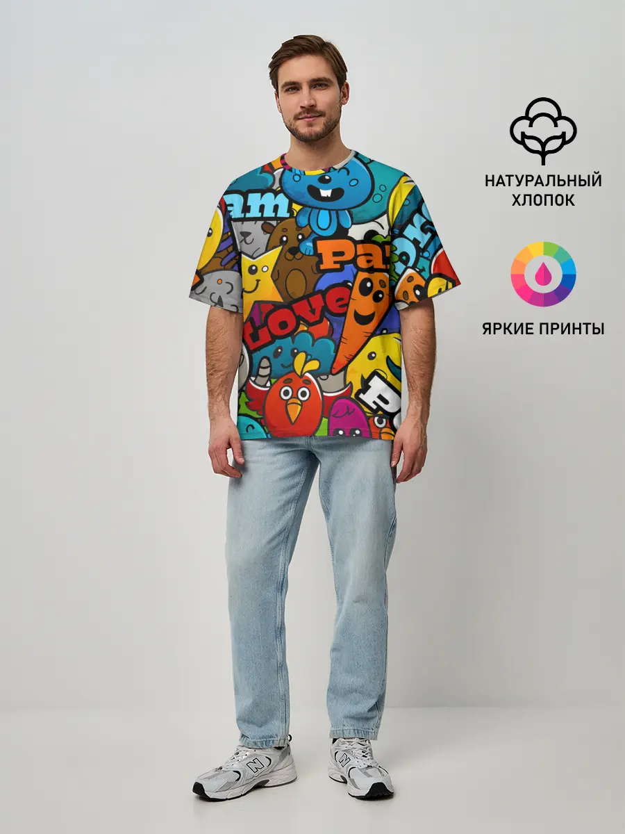 Мужская футболка оверсайз / LOVE | PEACE | PARTY