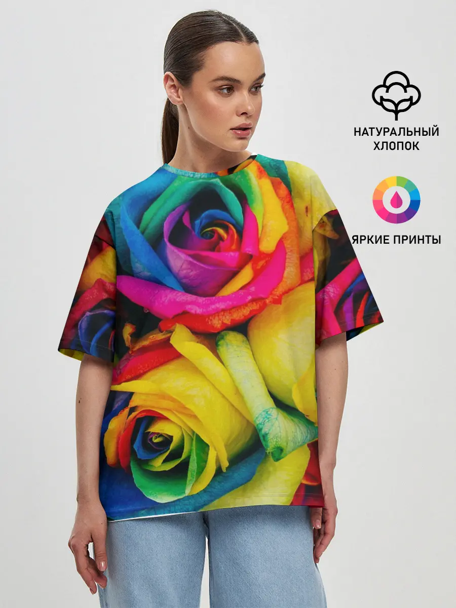 Женская футболка оверсайз / Разноцветные розы