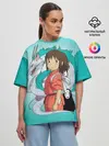 Женская футболка оверсайз / Тихиро и Хаку зеленый фон