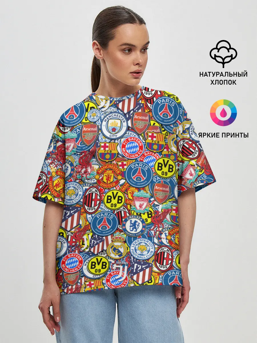 Женская футболка оверсайз / ЛОГОТИПЫ ФУТБОЛЬНЫХ КОМАНД