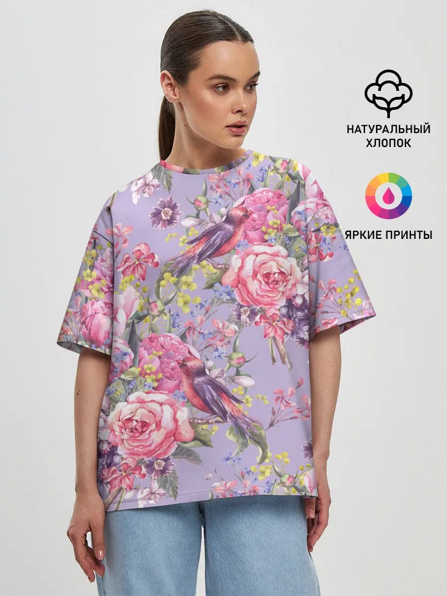 Женская футболка оверсайз / Лилии и розы