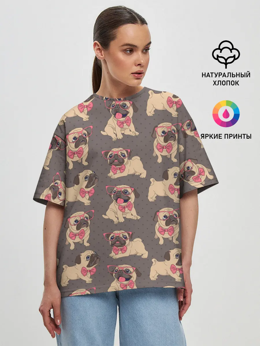 Женская футболка оверсайз / Мопсы