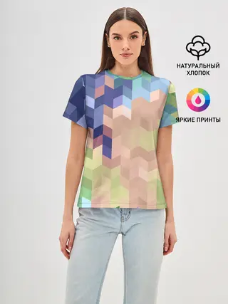 Женская базовая футболка / Абстрактный бежево-синий узор