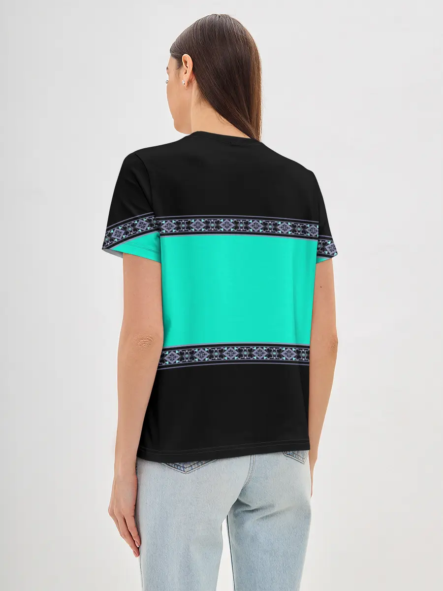 Женская базовая футболка / Черно-бирюзовый узор