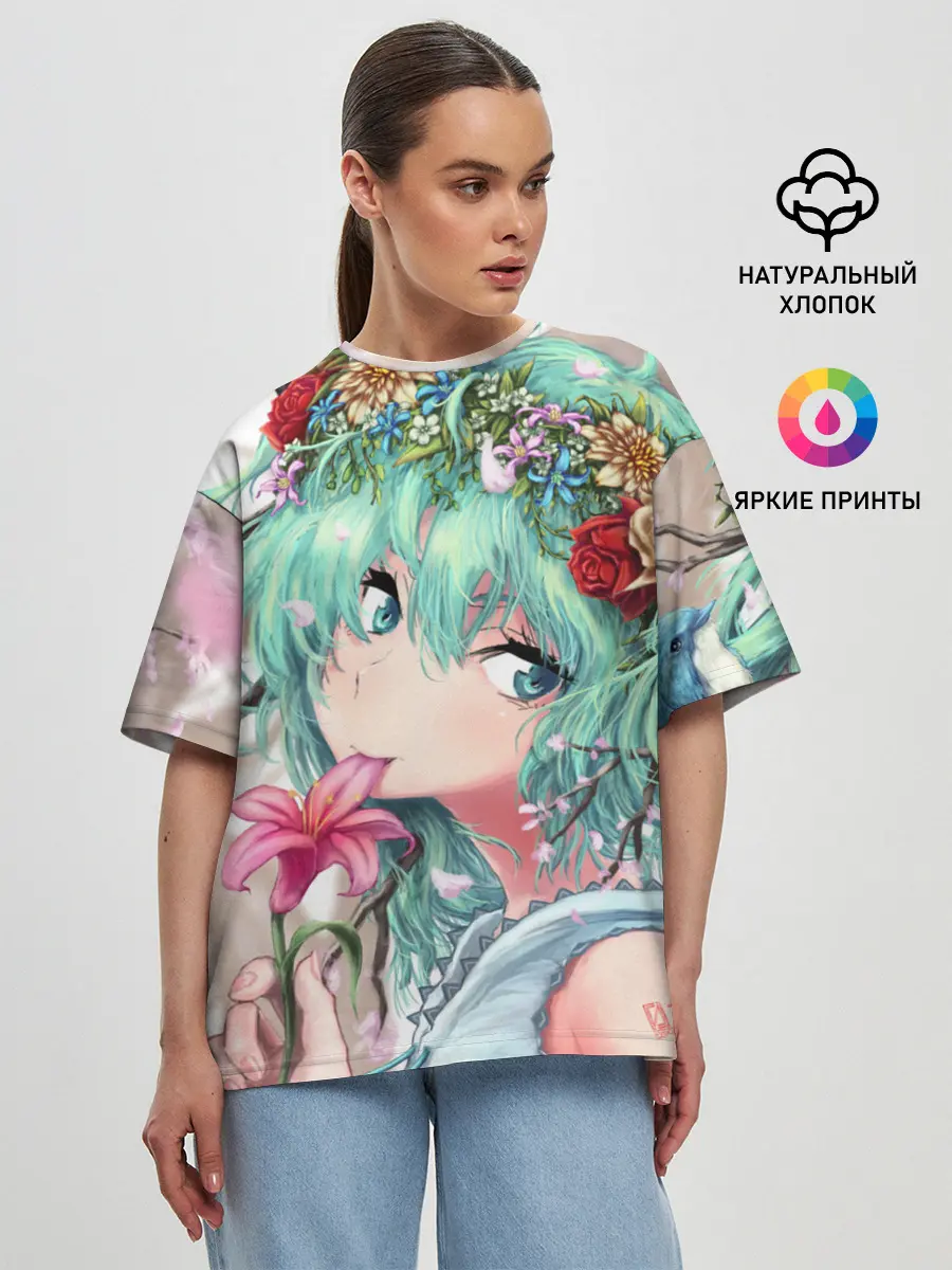 Женская футболка оверсайз / Цветок и Хацуне Мику