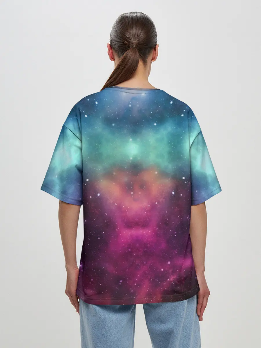 Женская футболка оверсайз / Кот с радугой и пиццей