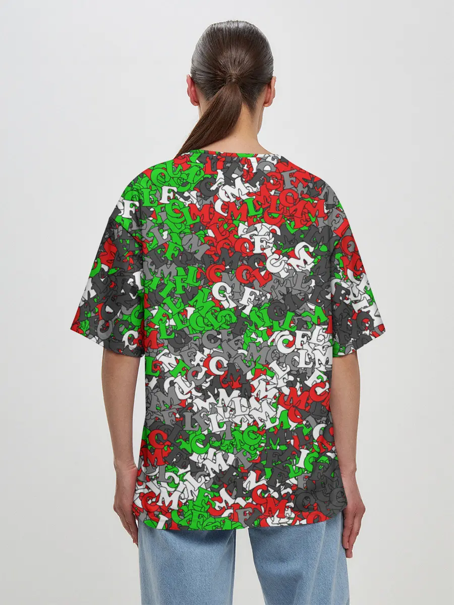 Женская футболка оверсайз / Камуфляж с буквами FCLM