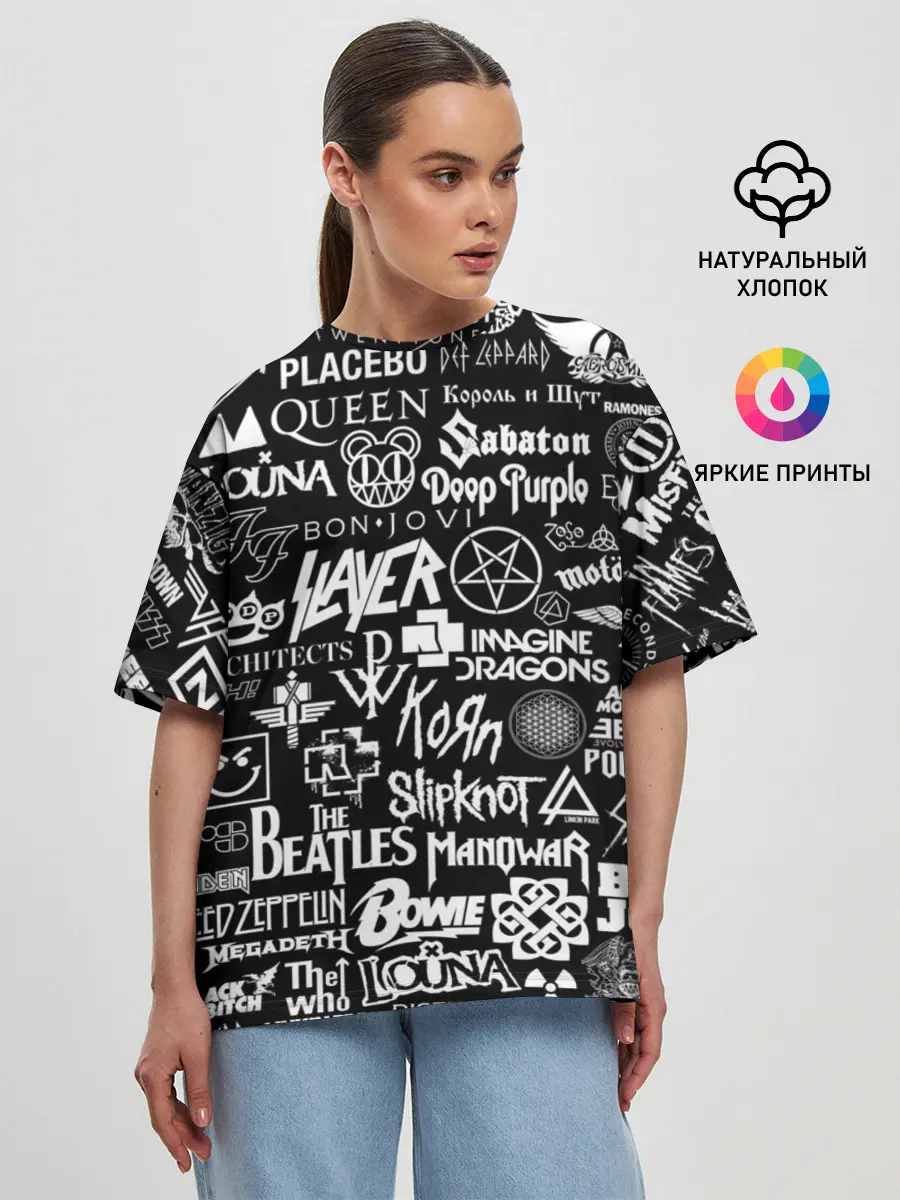 Женская футболка оверсайз / ЛОГОТИПЫ РОК ГРУПП | ROCK