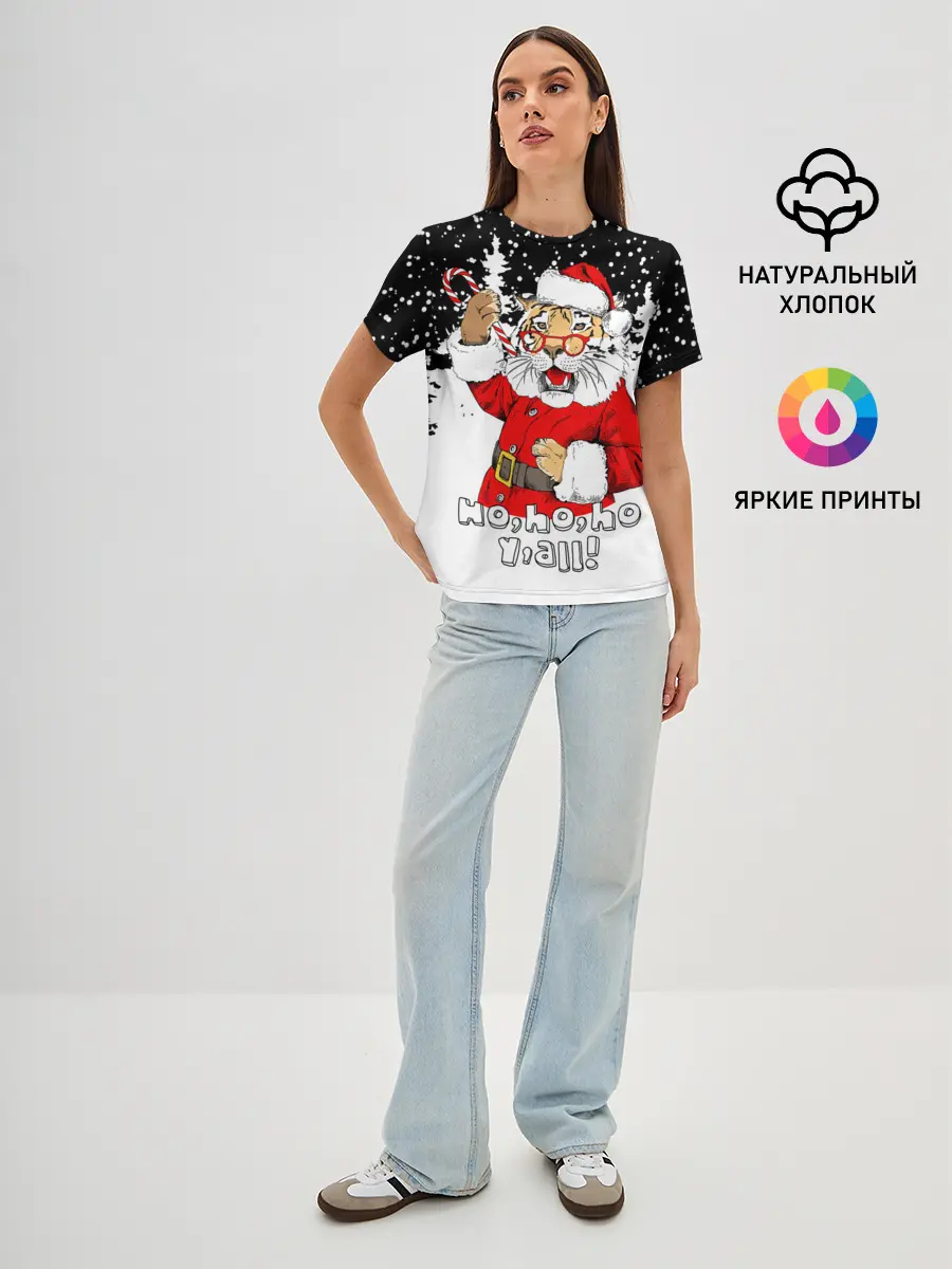 Женская базовая футболка / Тигр в шубе Санта Клауса