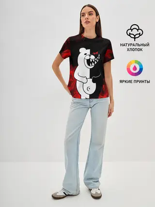Женская базовая футболка / MONOKUMA В ПЛАМЕНИ / МОНОКУМА