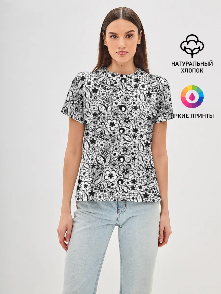 Женская базовая футболка / Черное кружево цветочное