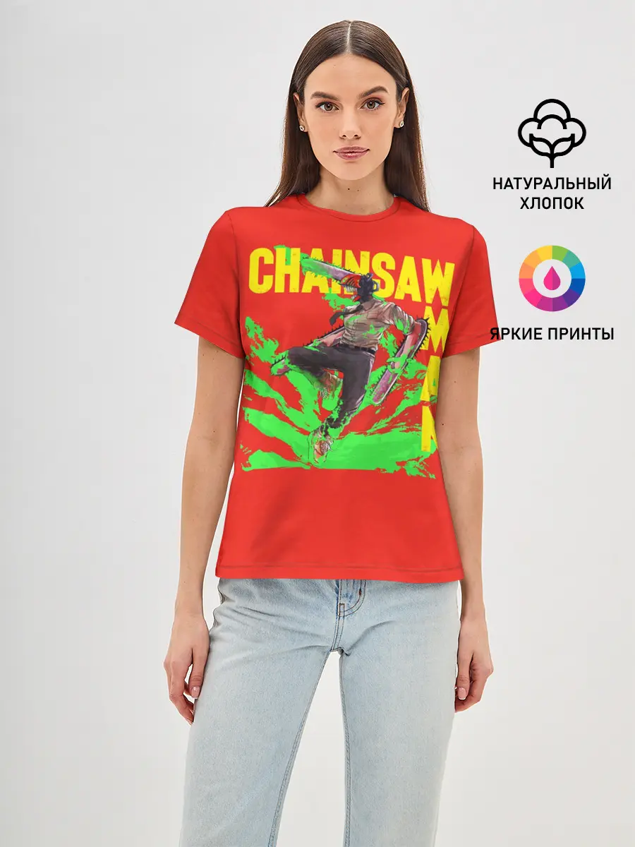 Женская базовая футболка / Человек-Бензопила с логотипом на красном