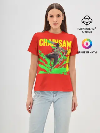 Женская базовая футболка / Человек-Бензопила с логотипом на красном