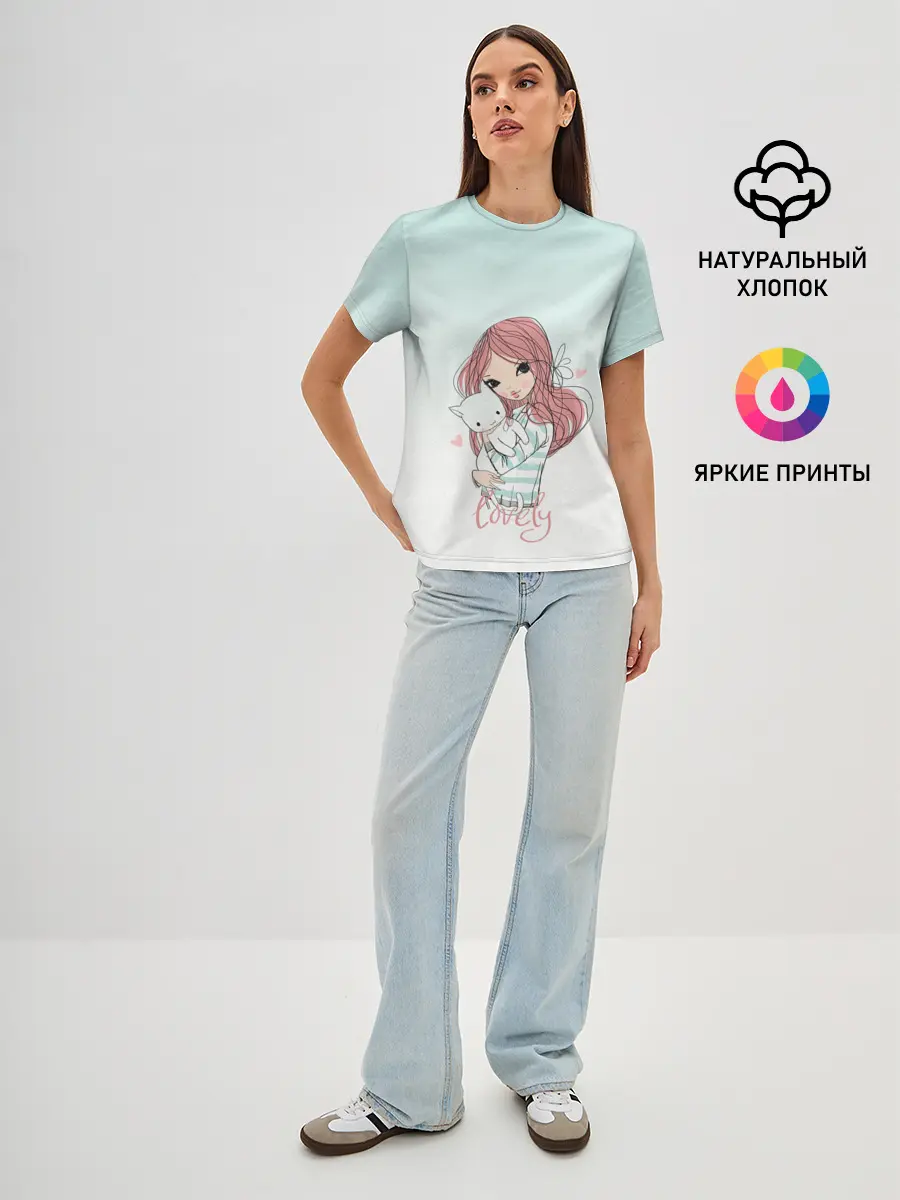 Женская базовая футболка / Девочка и любимый кот арт