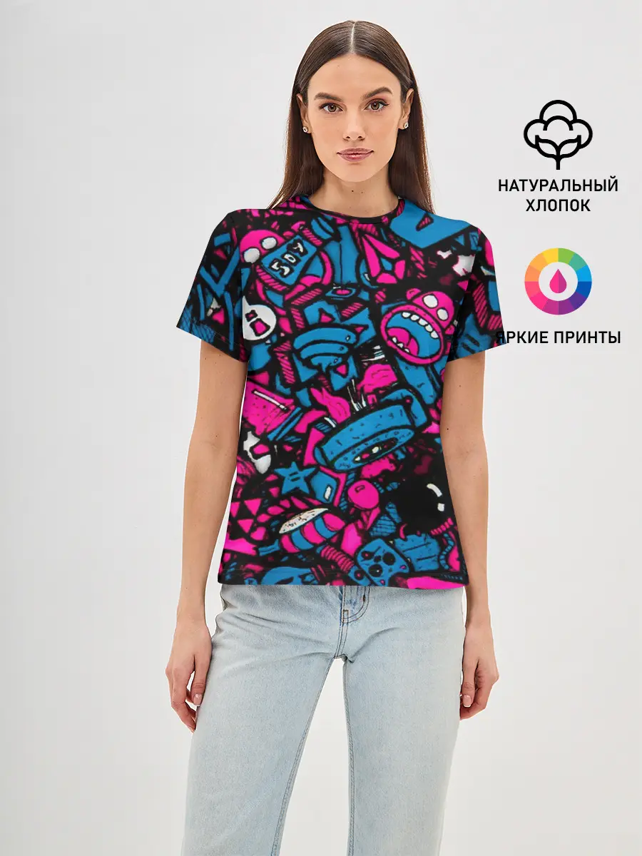 Женская базовая футболка / Мультяшные кислотные картинки