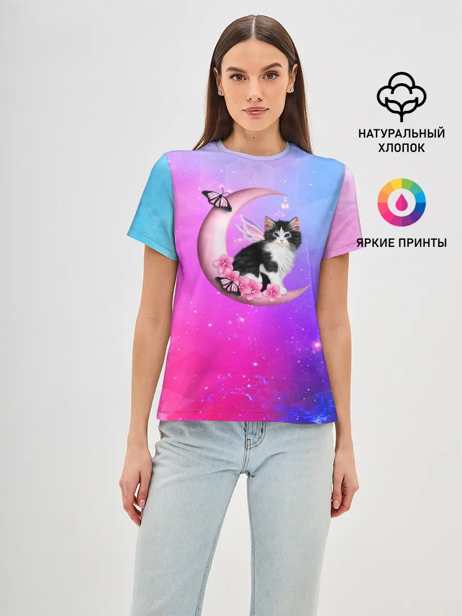 Женская базовая футболка / Котик На Луне