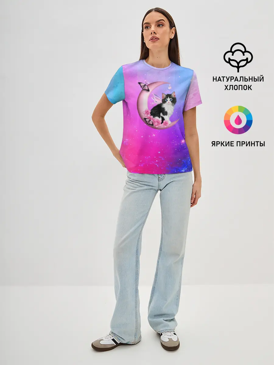 Женская базовая футболка / Котик На Луне