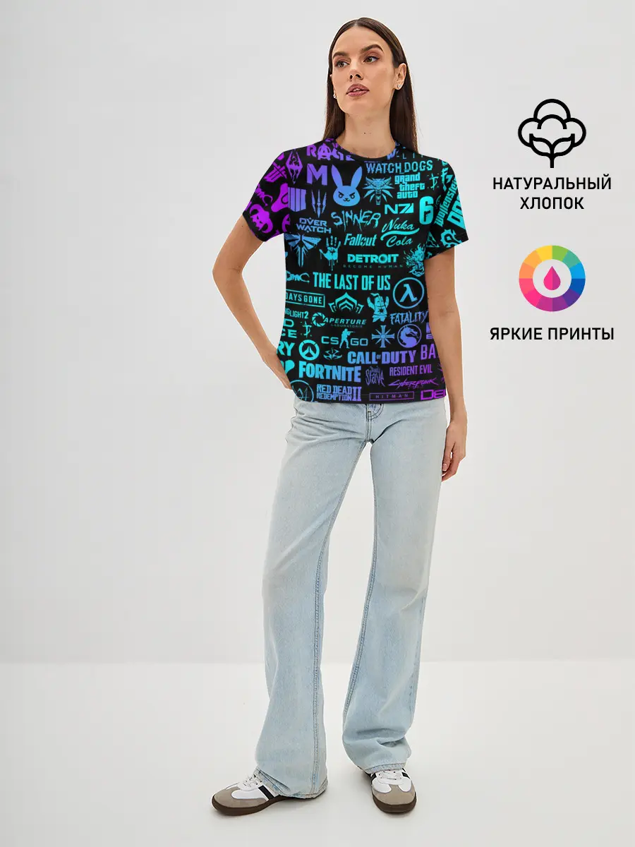 Женская базовая футболка / ЛОГОТИПЫ ИГР НЕОН / NEON GAMES LOGO