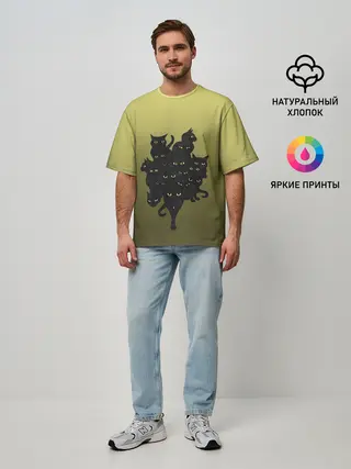 Мужская футболка оверсайз / много черных котов