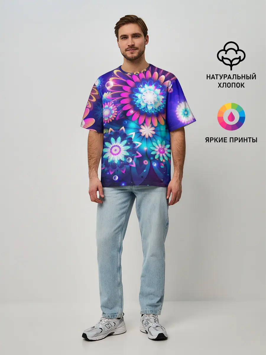 Мужская футболка оверсайз / Неоновые Цветы