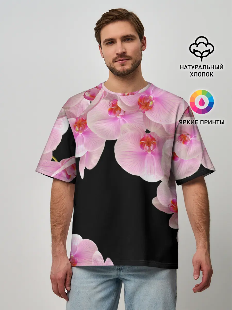 Мужская футболка оверсайз / Орхидеи в ночи