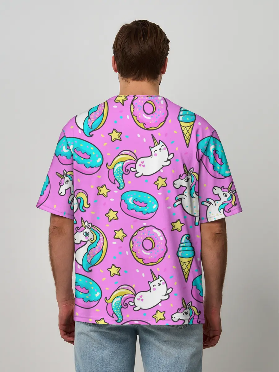 Мужская футболка оверсайз / Единороги с пончиками