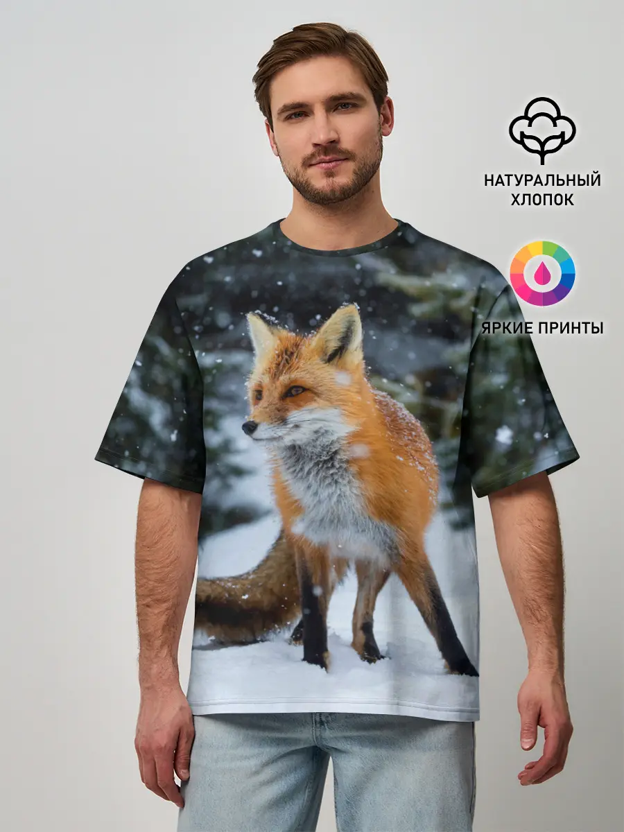 Мужская футболка оверсайз / Лиса в зимнем лесу