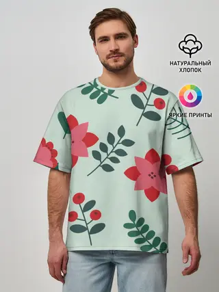 Мужская футболка оверсайз / цветы, ягоды, листья