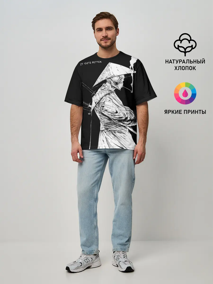 Мужская футболка оверсайз / Самурай скелет с трубкой