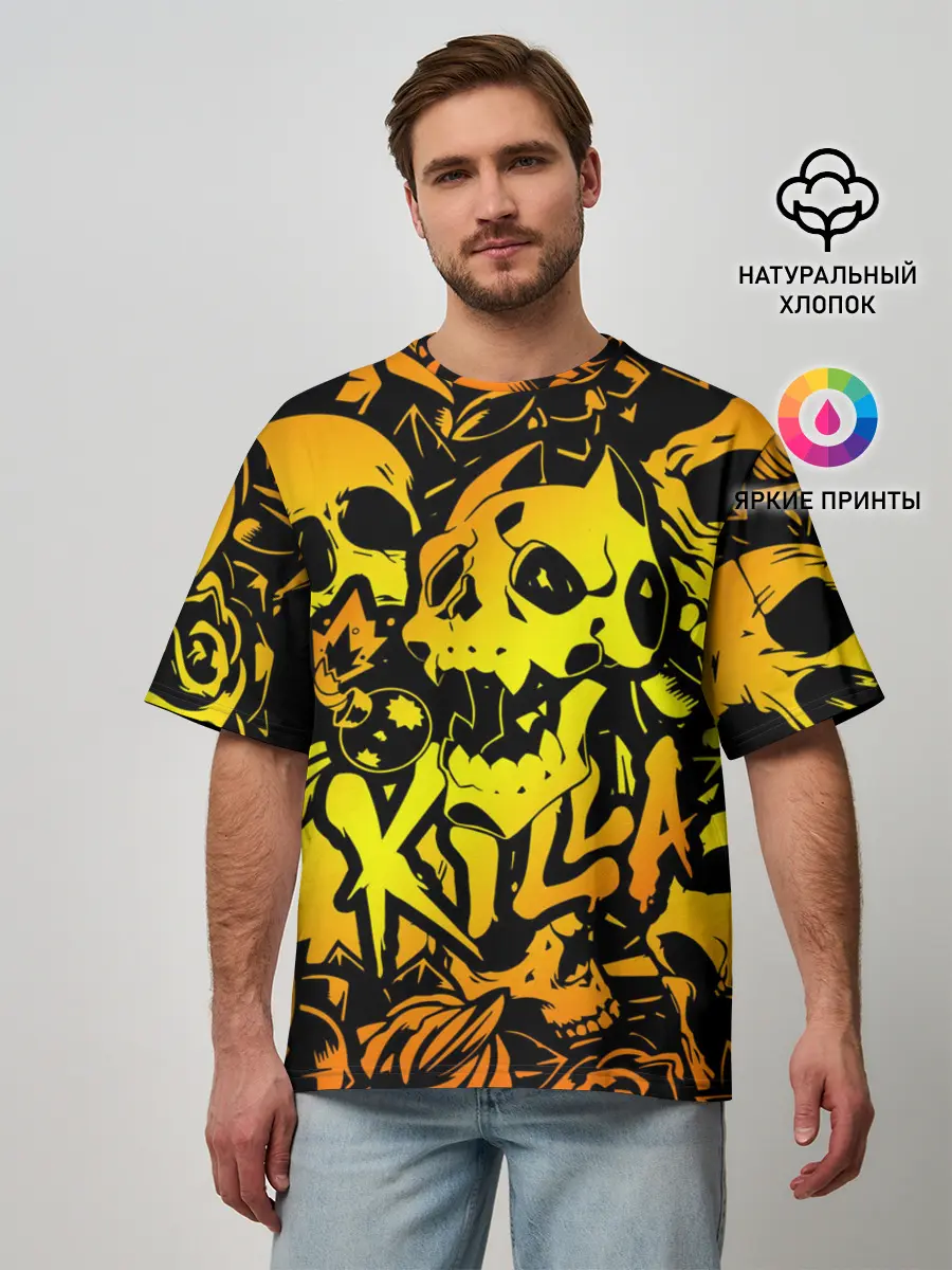 Мужская футболка оверсайз / KILLA оранжевые черепа